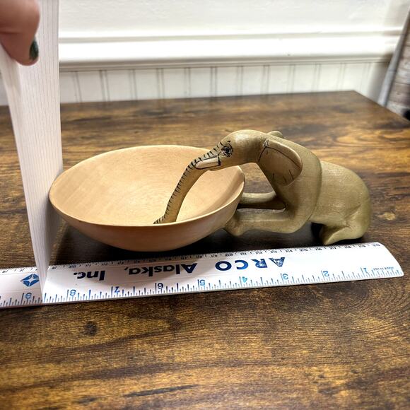 Hand Carved Elephant Drinking Trinket Dish Bowl Jacaranda Wood Sculpture Decor - Picture 8 of 11